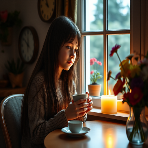 Create a cozy interior scene featuring a girl with long hair sitting at a table holding a warm cup, with a window showing a flower pot, a wall clock reading 12:00, and colorful flowers in a vase, shot with a DSLR camera at f/2.8, ISO 100, 50mm lens, natural light, and a soft focus to enhance the warmth of the atmosphere.