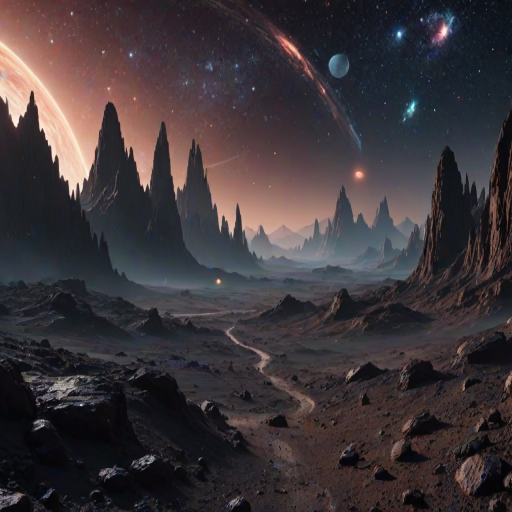 create a stunning sci-fi landscape featuring a distant planet with rings, a starry night sky filled with galaxies and asteroids, and a sense of depth and mystery