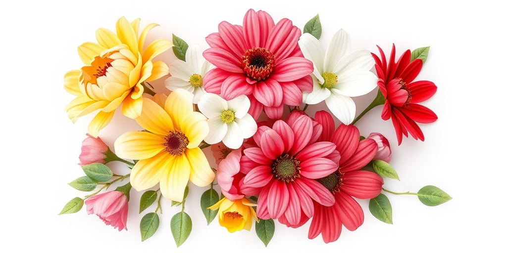 Create an illustration of a bouquet of colorful flowers including yellow, pink, white, and red blooms with delicate green leaves on a plain white background; use a Canon EOS R5 camera with a 50mm f/1.8 lens, aperture set to f/2.8, ISO 100, and a soft-focus style for enhanced detail and vibrancy.