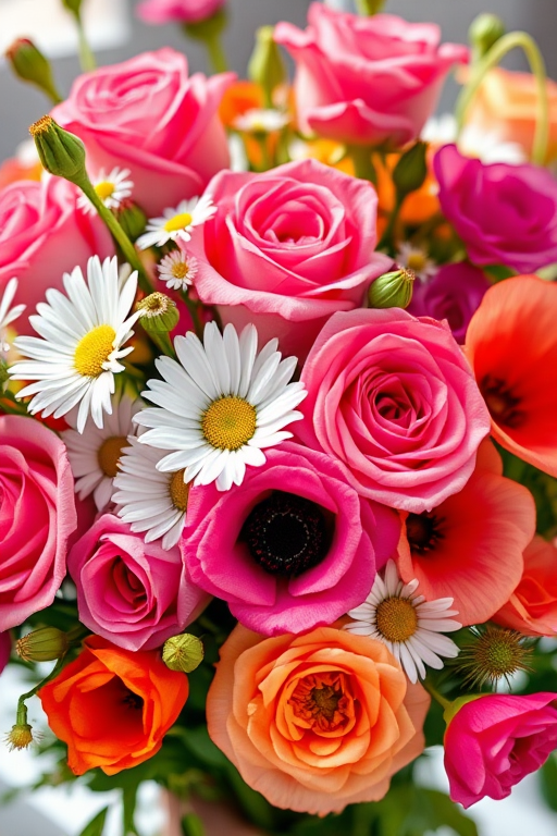 Create a vibrant bouquet of flowers including roses, daisies, and poppies, captured with a DSLR camera at f/2.8 aperture, ISO 100, 50mm lens, in natural sunlight to enhance colors and details with a shallow depth of field.