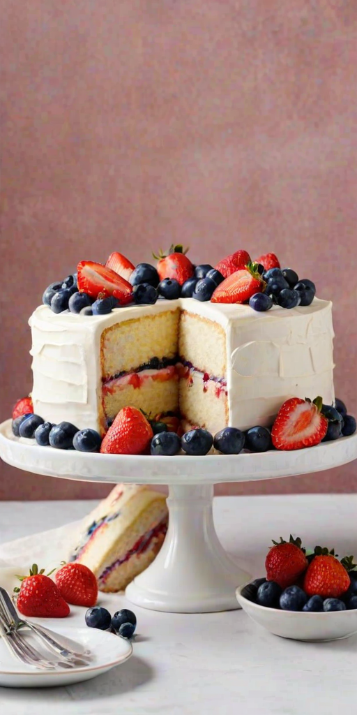 Create an image of a layered white cake with a smooth frosting, filled with a variety of fresh berries like strawberries, blueberries, and raspberries. The cake should be displayed on a white cake stand, with a slice cut out and placed on a separate plate beside it, showcasing the berry-filled layers. The background should be simple and bright to highlight the cake.