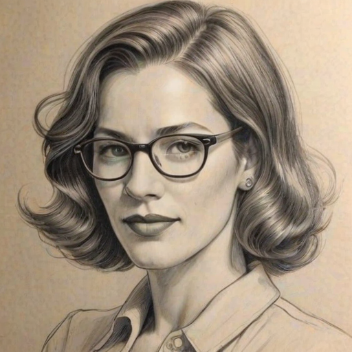 Charming Brooke Langton, pencil sketch, portrait of Charming woman 1935s in glasses, hair style beatnik, outline, clear lines, fine lines, 8k