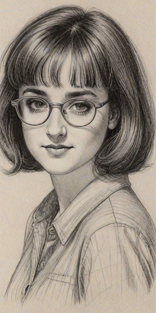 Alluring Mara Wilson, pencil sketch, portrait of Bewitching woman 1979s in glasses, hair style beatnik, outline, clear lines, fine lines, 8k