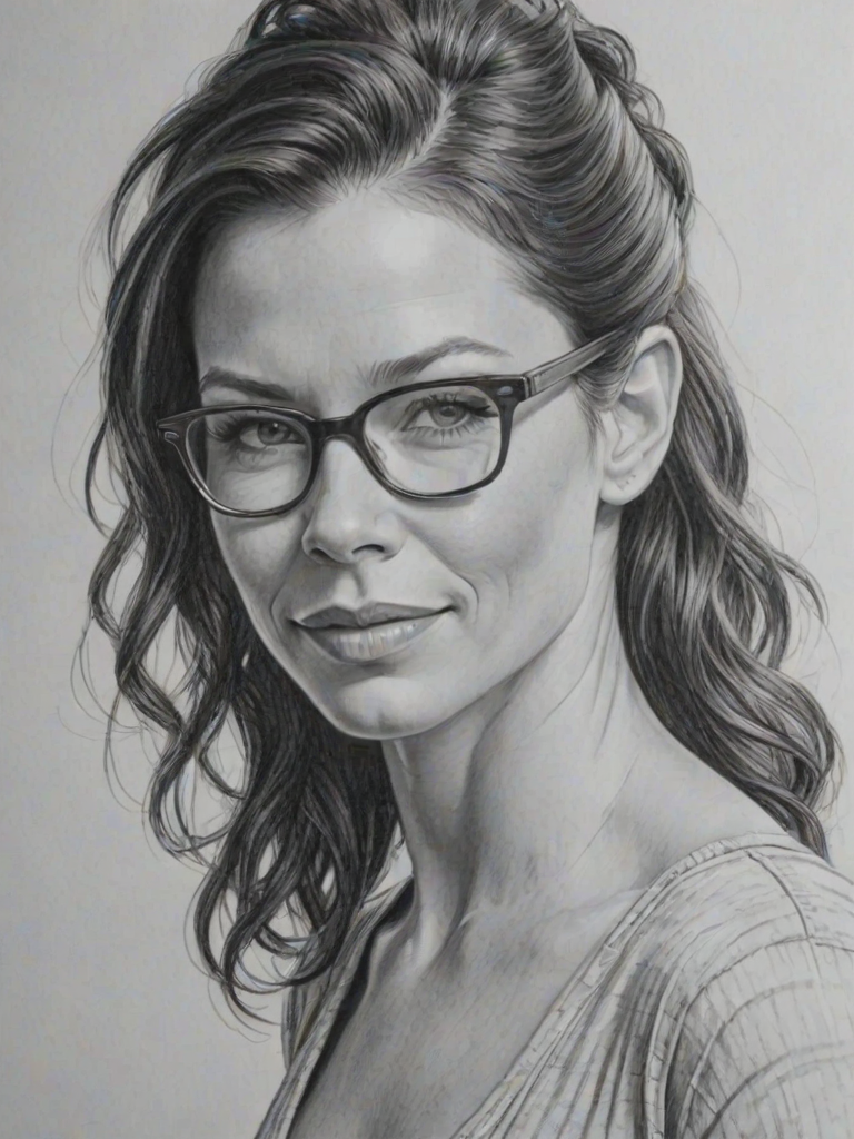 Magnificent Evangeline Lilly, pencil sketch, portrait of Attractive woman 1948s in glasses, hair style beatnik, outline, clear lines, fine lines, 8k