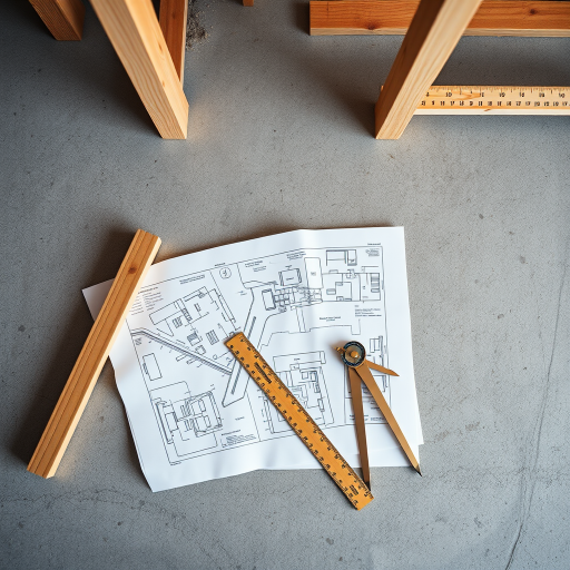 architectural construction scene with blueprints, concrete slab, wooden beams, tools like ruler and compass, high-resolution, depth of field, 50mm lens, f/2.8 aperture, soft lighting, DSLR camera, overhead view
