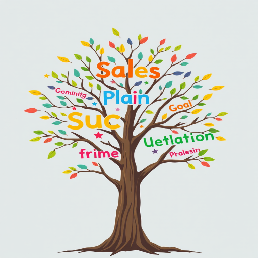 Create an illustrated tree representing success with colorful words like 'Sales', 'Plan', 'Goals', and 'Innovation' among the branches, shot with a DSLR camera at f/4, ISO 100, 50mm lens, with a wide view, and soft lighting to enhance the image quality.