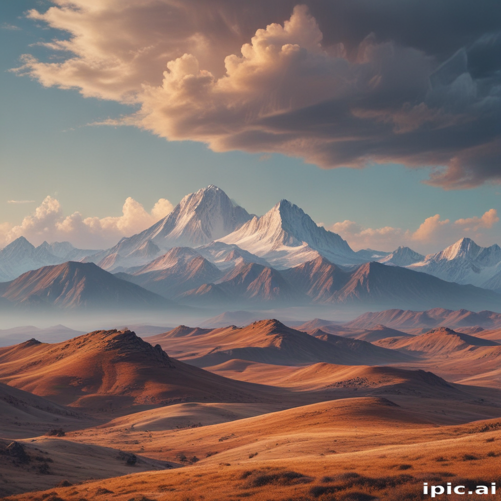 Majestic Mountain Landscape at Dusk with Dramatic Clouds and Rolling Hills.