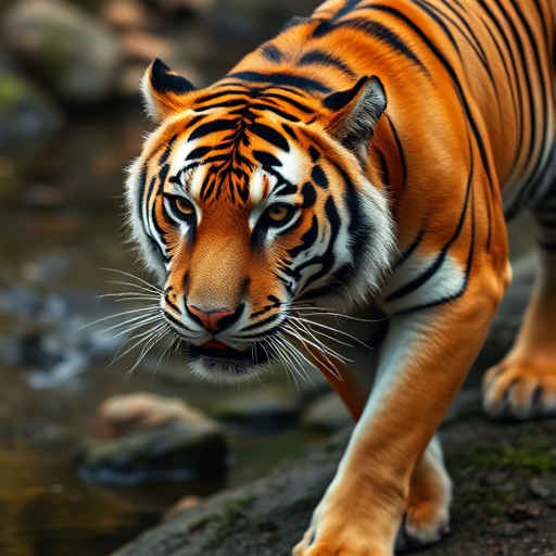 A close-up shot of a tiger walking near a stream, capturing its detailed fur and focused expression, taken with a DSLR camera at f/4, 1/250s, ISO 200, using a 70-200mm lens from a slightly low angle for enhanced depth of field and clarity.