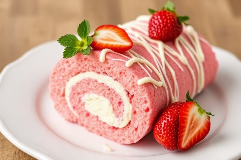 A delicious pink strawberry roll cake with creamy filling sliced on a white plate garnished with fresh strawberries and drizzled with white chocolate.