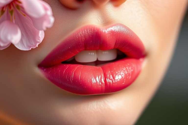 Stunning cherry blossom lips with delicate pink hues and subtle shimmer, featuring petal-like texture and a glossy finish that catches the light beautifully