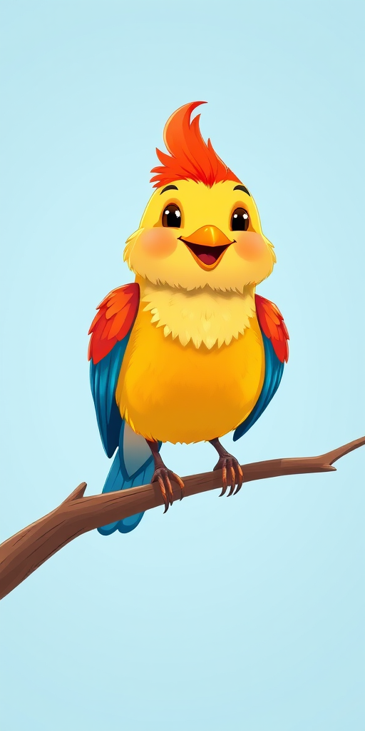 Create a cartoon-style illustration of a happy bird standing on a branch, with brightly colored feathers and a cheerful expression against a light blue background, using a Canon EOS 5D Mark IV with a 50mm lens, aperture f/2.8, ISO 100, and natural lighting for enhanced detail and vibrancy.