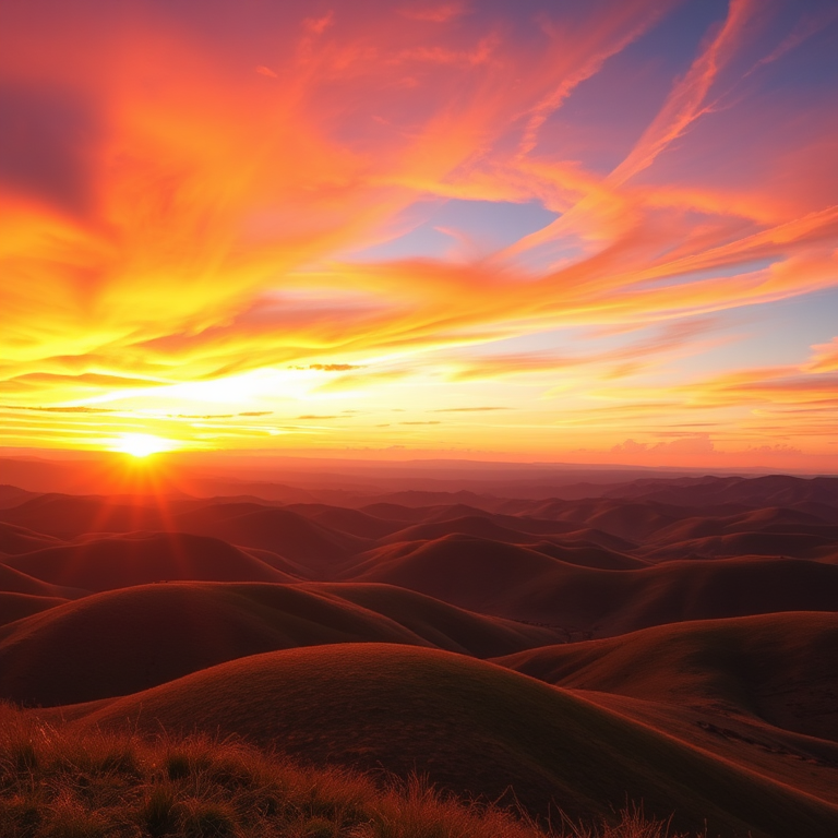 Generate a vibrant landscape image featuring a bold sunset with radiating colors, rolling hills in the foreground, swirling clouds in various hues, captured with a DSLR camera at f/8, ISO 100, 1/200s, wide-angle lens, in vibrant color mode for enhanced saturation.