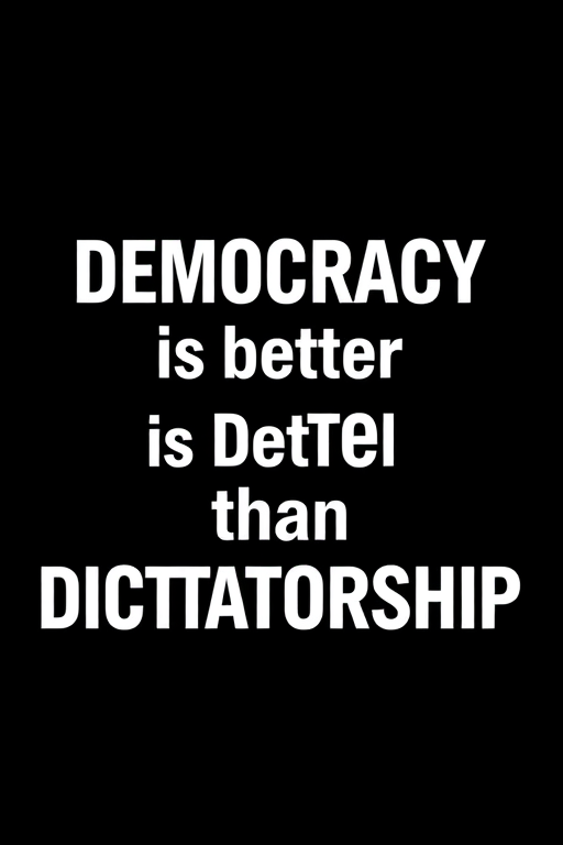 Create an image featuring the text "DEMOCRACY is better than DICTATORSHIP" with bold, expressive typography on a dark background, using a DSLR camera with a 50mm lens, f/2.8 aperture, 1/125 shutter speed, and ISO 100, shot in a shallow depth of field to emphasize the text clarity and vibrancy.