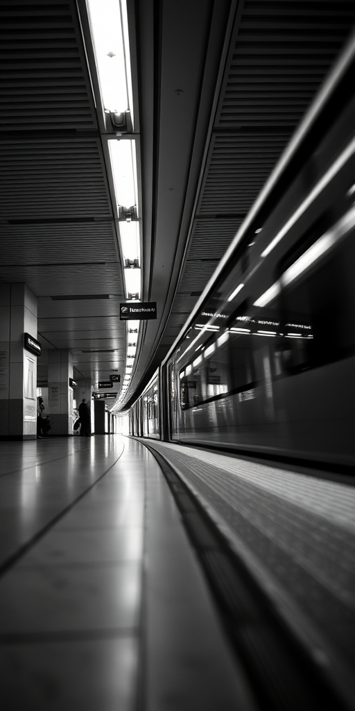 A low-angle shot of an empty subway platform with a train in view, captured in black and white, aperture f/4, ISO 100, shutter speed 1/125s, using a DSLR camera with a wide-angle lens for enhanced depth and clarity.