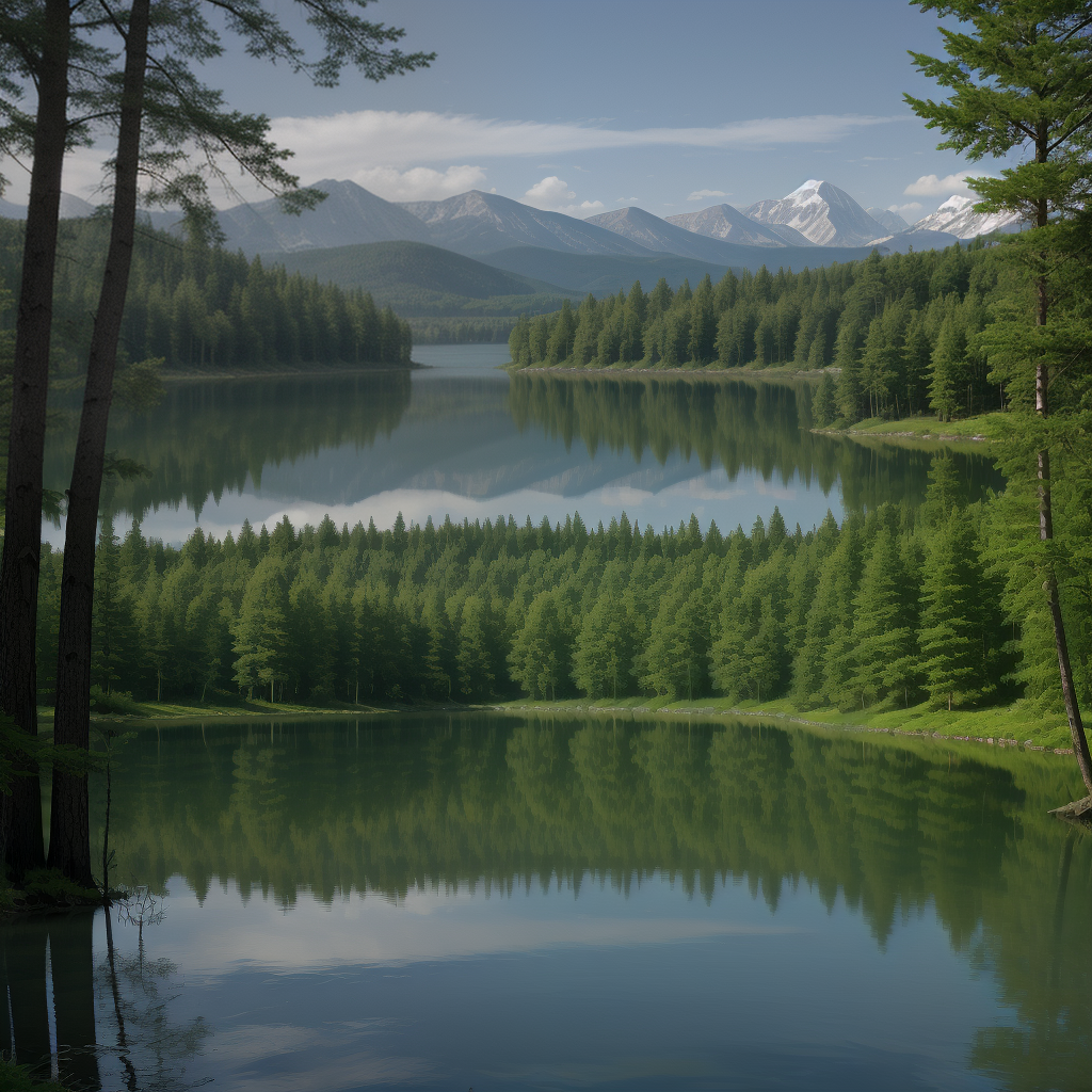 Serene Mountain Lake Surrounded by Lush Green Forests and Majestic Peaks