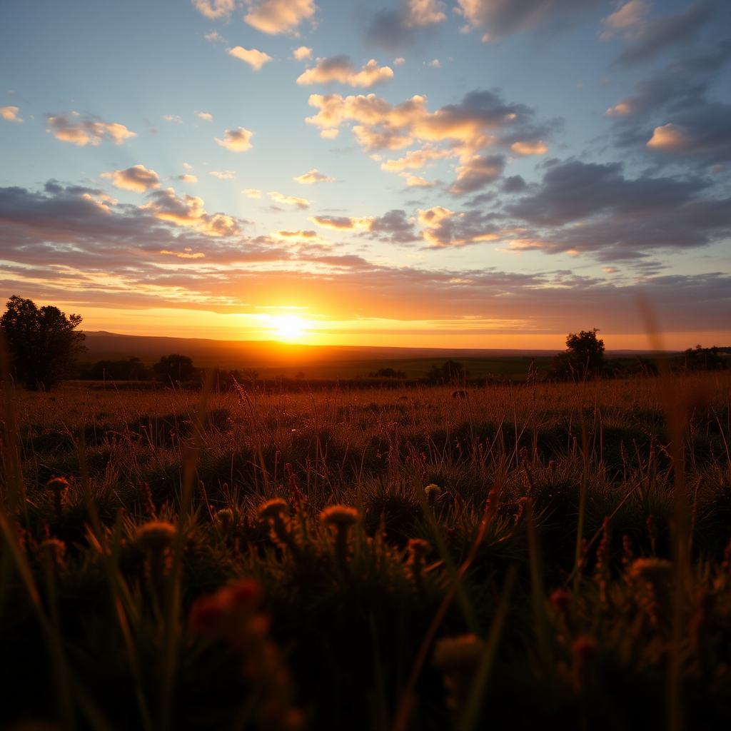 Capture a serene landscape during golden hour with rich colors, using a DSLR camera, wide-angle lens at f/8, ISO 100, shutter speed 1/200 sec, from a low angle view to emphasize foreground details and enhance depth of field.