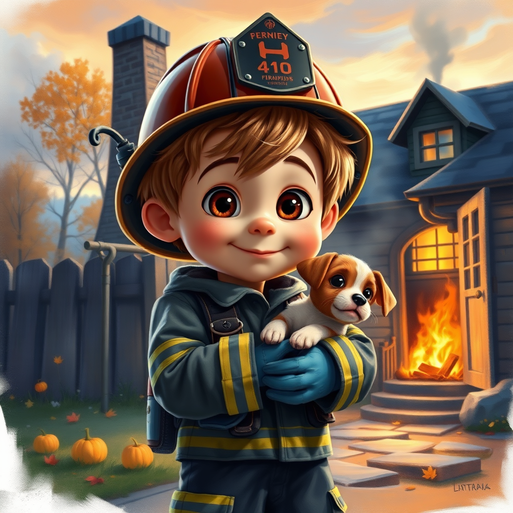 airbrushed oil painting, pixar style, cute little boy in fireman gear, helmet, tousled hair, expressive eyes, standing in the doorstep of a cottage burning behind him, holding a cute little dog in his arm, atumn sky