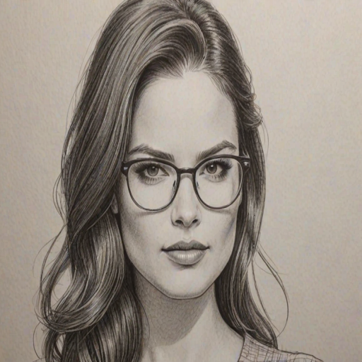 Splendid Katrina Law, pencil sketch, portrait of Bewitching woman 1979s in glasses, hair style beatnik, outline, clear lines, fine lines, 8k