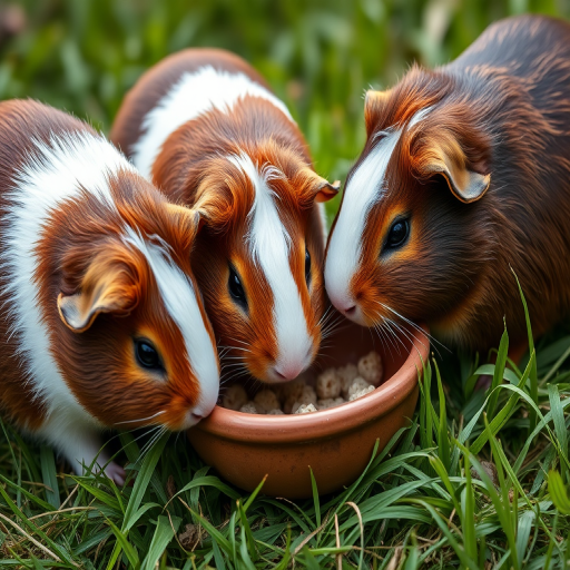 Three guinea pigs with brown and white fur eating from a clay dish in a green grassy area, taken with a Nikon D850, 50mm lens, f/1.8 aperture, ISO 200, natural lighting, shallow depth of field.