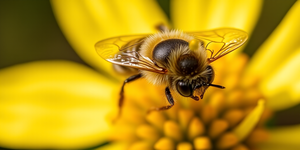 Close-up shot of a bee on a yellow flower bud, using a DSLR camera with a 100mm macro lens, aperture f/2.8, shutter speed 1/500s, ISO 100, natural light, shallow depth of field for enhanced detail and smooth background blur.