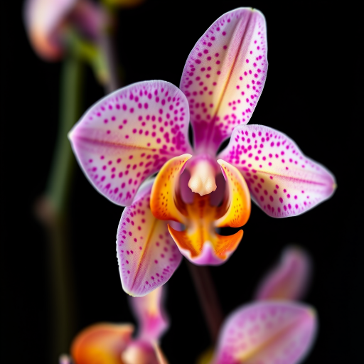 macro shot of a pink and yellow speckled orchid against a black background, aperture f/2.8, shutter speed 1/125 sec, ISO 100, 50mm lens, soft lighting, DSLR camera