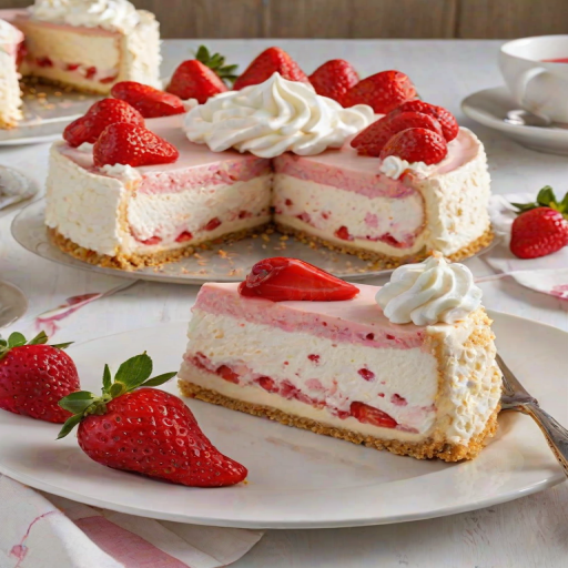 Create a visually appealing image of a layered strawberry cheesecake. The cheesecake should have distinct layers of creamy white and pink filling, topped with fresh strawberries, whipped cream, and a crumbly topping. The setting should be a light-colored plate with additional strawberries arranged around the cake. Aim for a bright and inviting presentation.