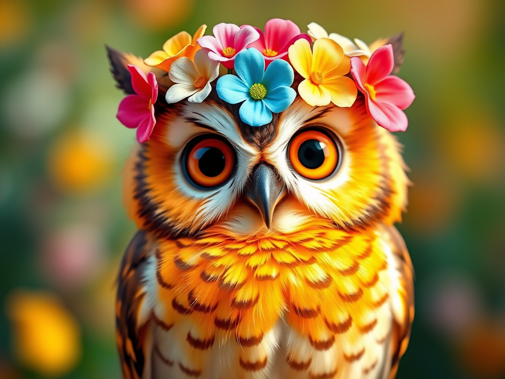 Create a cartoon-style image of a cute owl wearing a colorful flower crown, bright colors, high contrast, soft focus, shot with a DSLR camera, 50mm lens, f/1.8 aperture, ISO 100, in natural light, vibrant background.