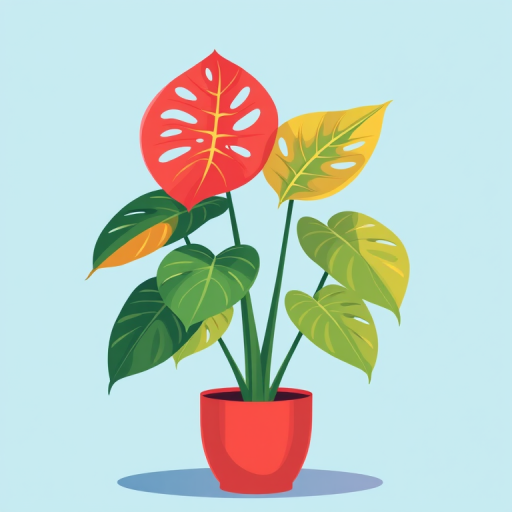 Create a vibrant illustration of a monstera plant in a red pot against a light blue background, using digital illustration techniques, 300 DPI, soft shadows for depth, and a smooth, flat color style.