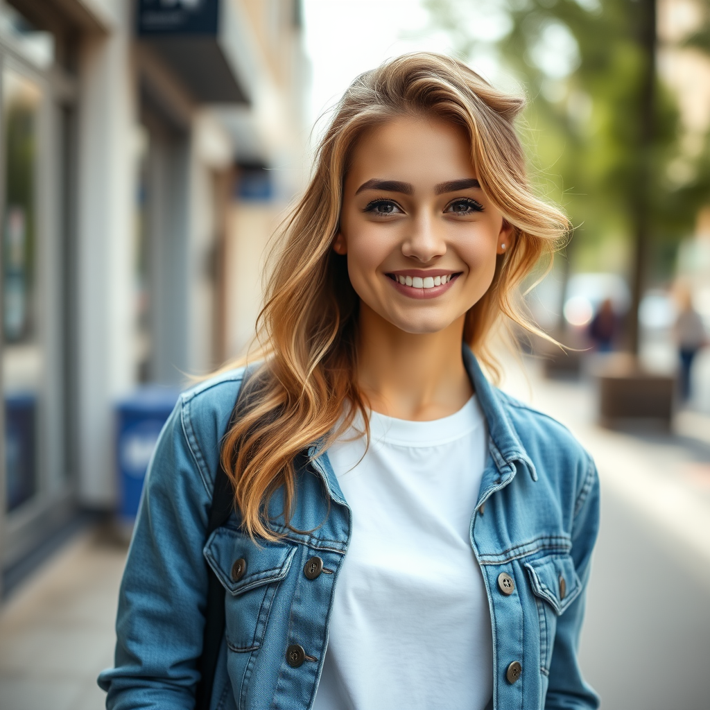 portrait of a young woman smiling with wavy hair wearing a denim jacket and a white t-shirt, urban street background, soft natural lighting, aperture f/2.8, ISO 100, shutter speed 1/250s, shot from eye level with a DSLR camera, shallow depth of field for a blurred background effect
