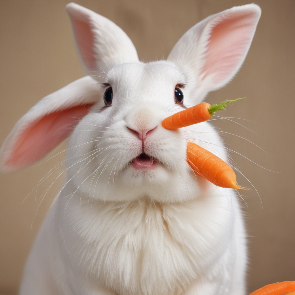 Cute white rabbit holding a carrot in its mouth