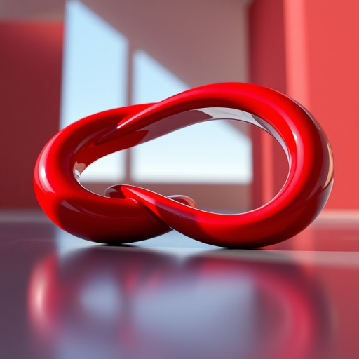 Create a high-resolution 3D rendering of a glossy red infinity symbol with a smooth surface, captured from a low-angle viewpoint using a DSLR camera with a 50mm lens, aperture set to f/2.8, ISO 100, and natural lighting to enhance reflections and details.