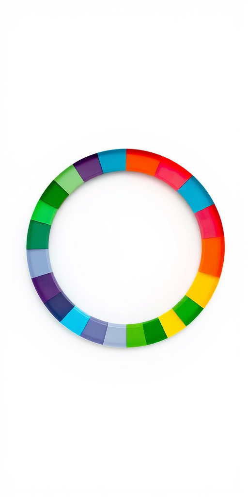Create a vibrant circular abstract design featuring multicolored segments around the edge on a white background, using a Canon EOS R5 with a 50mm f/1.8 lens, aperture set to f/4, ISO 100, and a shallow depth of field, ensuring high detail and clarity.