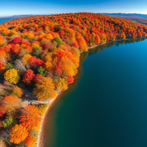 Generate an aerial view of a serene lake surrounded by vibrant autumn trees, capturing bright reds, oranges, and yellows, with a clear blue sky above, using a DSLR camera at ISO 100, f/8 aperture, 1/200s shutter speed, and a wide-angle lens.
