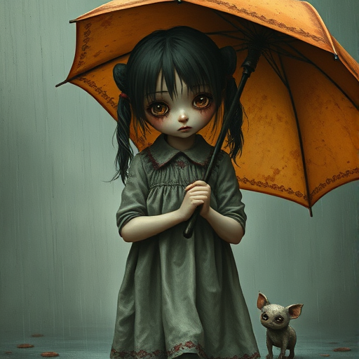 An eerie, weird little girl with dark hair in thin pigtails, wearing a smock dress, standing in the rain, holding a dirty orange umbrella, a small, odd creature beside her. In a surreal style inspired by Nicoletta Ceccoli and Brian Froud. Dark fantasy themes