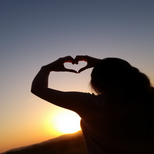 sunset, silhouette, woman, heart shape, hand gesture, warm colors, outdoor, dusk, sky, creative pose, backlit, soft focus, landscape, golden hour, tranquility, leisure activity, nature, serene, orange tones, casual attire