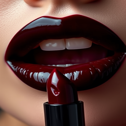 Glossy black cherry lips with a deep, rich color, exuding mystery and sophistication while maintaining a juicy, tempting appearance