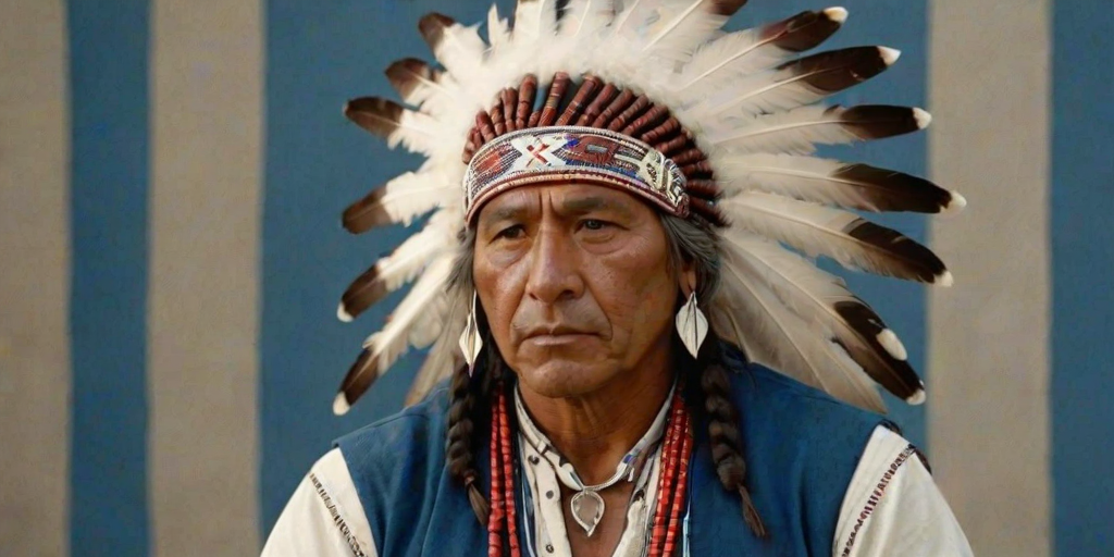 Create a dignified portrait of a Native American man dressed in traditional attire. He wears a beautifully crafted headdress adorned with white feathers and red beads, along with a beaded headband featuring intricate patterns. His clothing includes a deep blue, patterned shirt and a traditional chest piece with detailed beadwork. His arms are crossed, displaying leather armbands decorated with feathers. The background is simple and neutral, emphasizing his proud and stoic expression. The overall image captures the rich cultural heritage and strength of his persona.