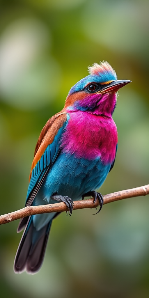 Regenerate a vibrant close-up image of a lilac-breasted roller perched on a branch with a blurred natural background, use a Canon EOS 5D Mark IV, 85mm lens, aperture f/2.8, ISO 200, shutter speed 1/500s for enhanced image quality.