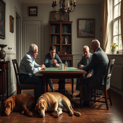 Regenerate a classic interior scene depicting four men engaged in a game at a table with a dog resting nearby, using a Canon EOS R5, 50mm lens, aperture f/1.8, ISO 100, natural lighting, and a slightly elevated angle for depth.