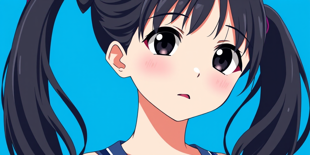 Generate a high-resolution image of an anime girl with black hair styled in pigtails, soft facial features, and large expressive eyes, set against a vibrant blue background, using a 50mm lens, aperture f/1.8, ISO 100, with a portrait style and digital camera type.