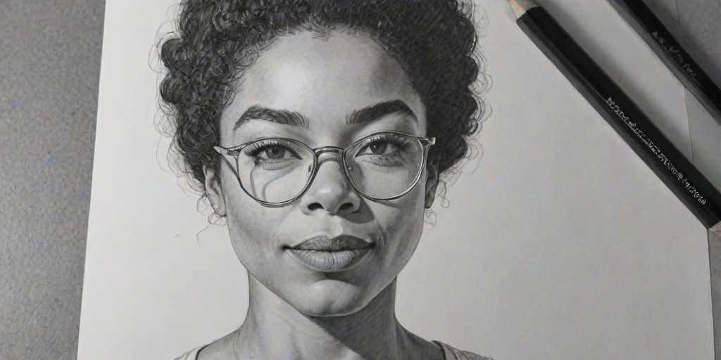 Charming Sophie Okonedo, pencil sketch, portrait of Radiant woman 1967s in glasses, hair style beatnik, outline, clear lines, fine lines, 8k