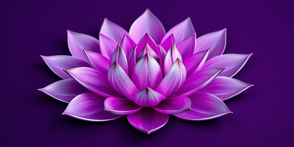 Create a high-resolution image of a symmetrical lotus flower design with multiple layered petals in shades of purple and silver on a deep purple background, using a DSLR camera with a 50mm lens, f/2.8 aperture, ISO 100, natural lighting, and a macro view to capture intricate details.
