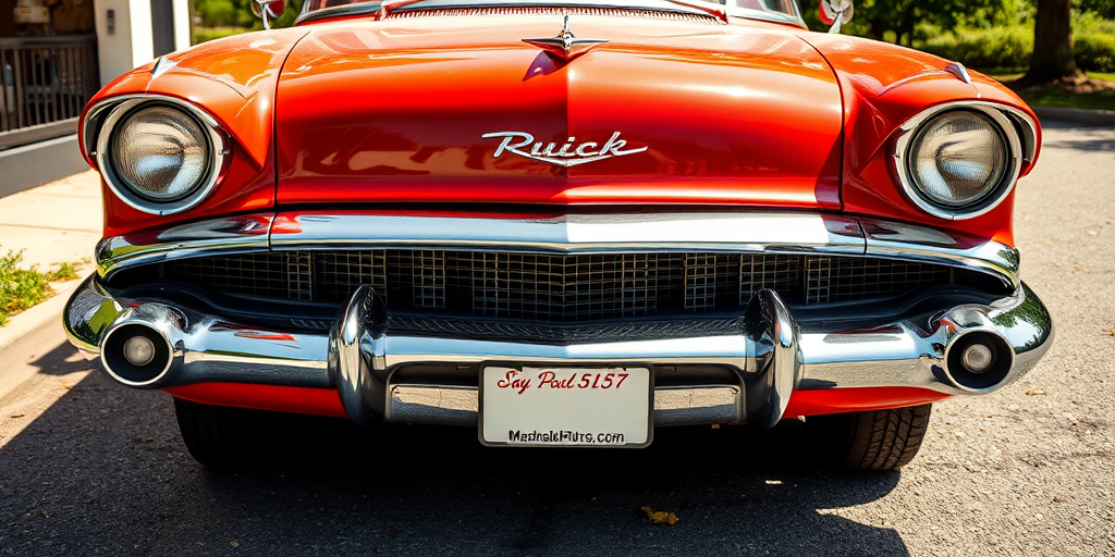A vintage 1957 Buick front view, sharp focus, high dynamic range, f/8 aperture, ISO 100, 1/250 sec shutter speed, natural sunlight, taken with a DSLR camera in portrait orientation, ensure vivid colors and detailed textures.
