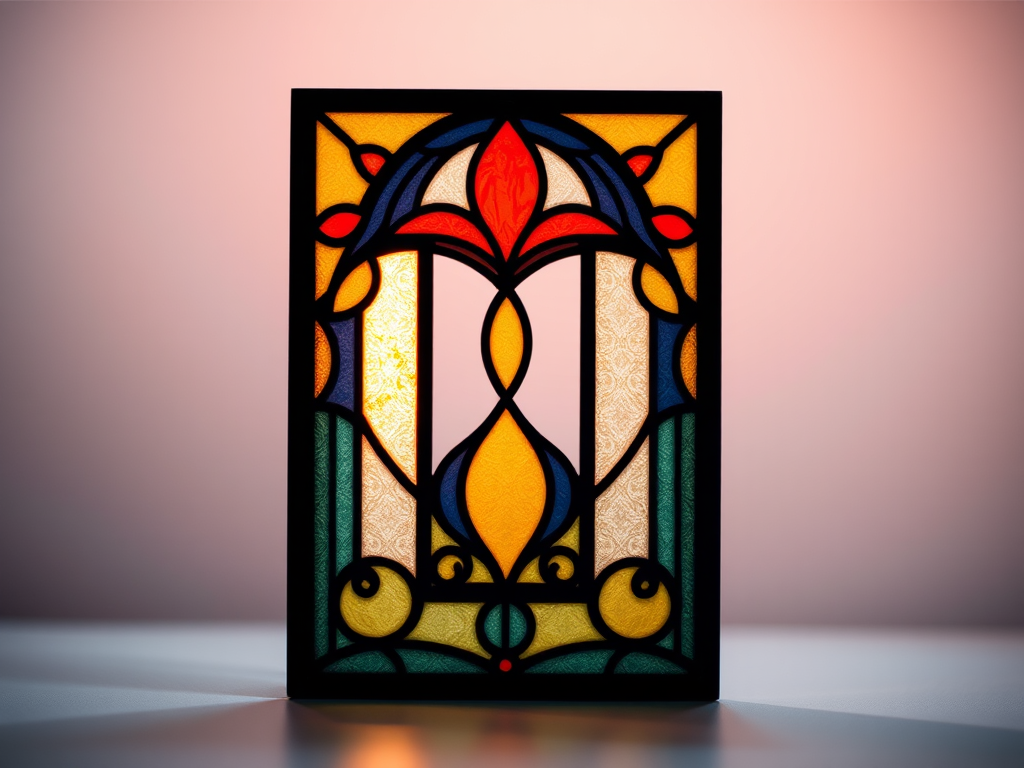 Create a high-resolution image of an elegant letter "D" designed with a stained glass effect, illuminated from behind with a soft gradient background, using a DSLR camera with a 50mm lens, aperture set to f/1.8, ISO 100, and a slight bokeh effect to enhance the clarity and depth of the image.