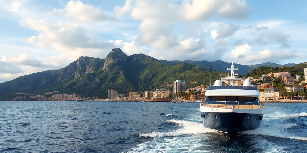 a scenic view of a modern boat on water with a mountainous backdrop and city buildings along the shore under a partly cloudy sky