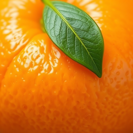 Create a high-resolution illustration of a fresh orange with a green leaf, using a Canon EOS 5D Mark IV camera, aperture set to f/8, ISO 100, in a close-up view, with natural diffused lighting to enhance colors and texture.