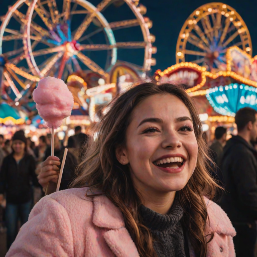 Busy carnival at twilight, vibrant lights from the rides reflecting on the faces of the crowd, a woman holds a cotton candy stick, laughing as she watches a Ferris wheel spin in the distance.