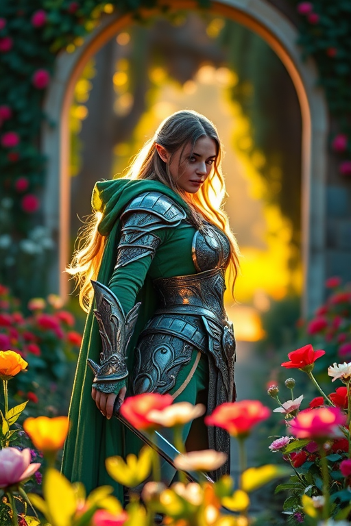 Generate a fantasy scene of a female elf warrior in a lush garden with vibrant flowers, wearing intricately designed armor with a flowing green cape, soft golden sunlight filtering through an archway, DSLR camera, 50mm lens, aperture f/2.8, ISO 100, shallow depth of field, golden hour lighting.