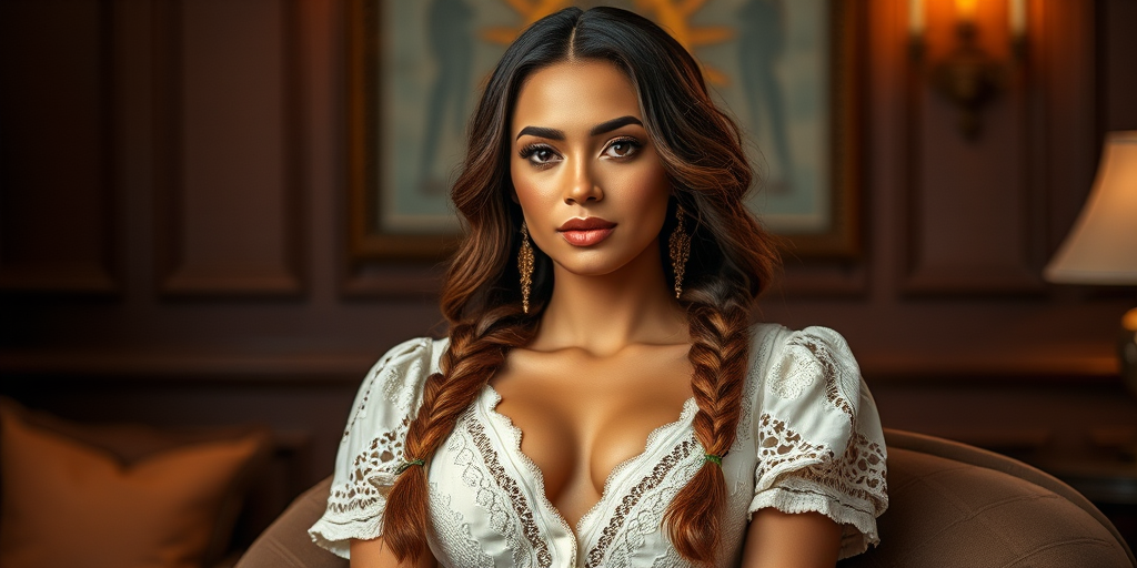 Create a portrait of a refined and elegant woman seated in a sophisticated setting. She has long, wavy hair styled in two thick braids that are pulled over her shoulders. She wears a white, lace gown with intricate patterns, featuring a deep V-neckline and short sleeves. The dress exudes a vintage charm with its delicate lacework. She is adorned with ornate, dangling earrings that add a touch of glamour to her appearance. The background is softly lit, with warm, ambient lighting that creates a cozy and inviting atmosphere. Her expression is poised and serene, capturing a sense of grace and elegance.