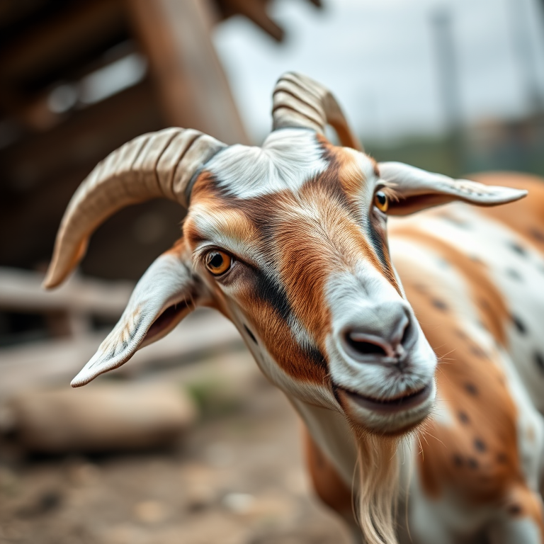 Generate a high-resolution image of a goat with distinctive horns and spots, captured using a DSLR camera, 50mm lens, f/2.8 aperture, ISO 100, at a low angle for depth and clarity.